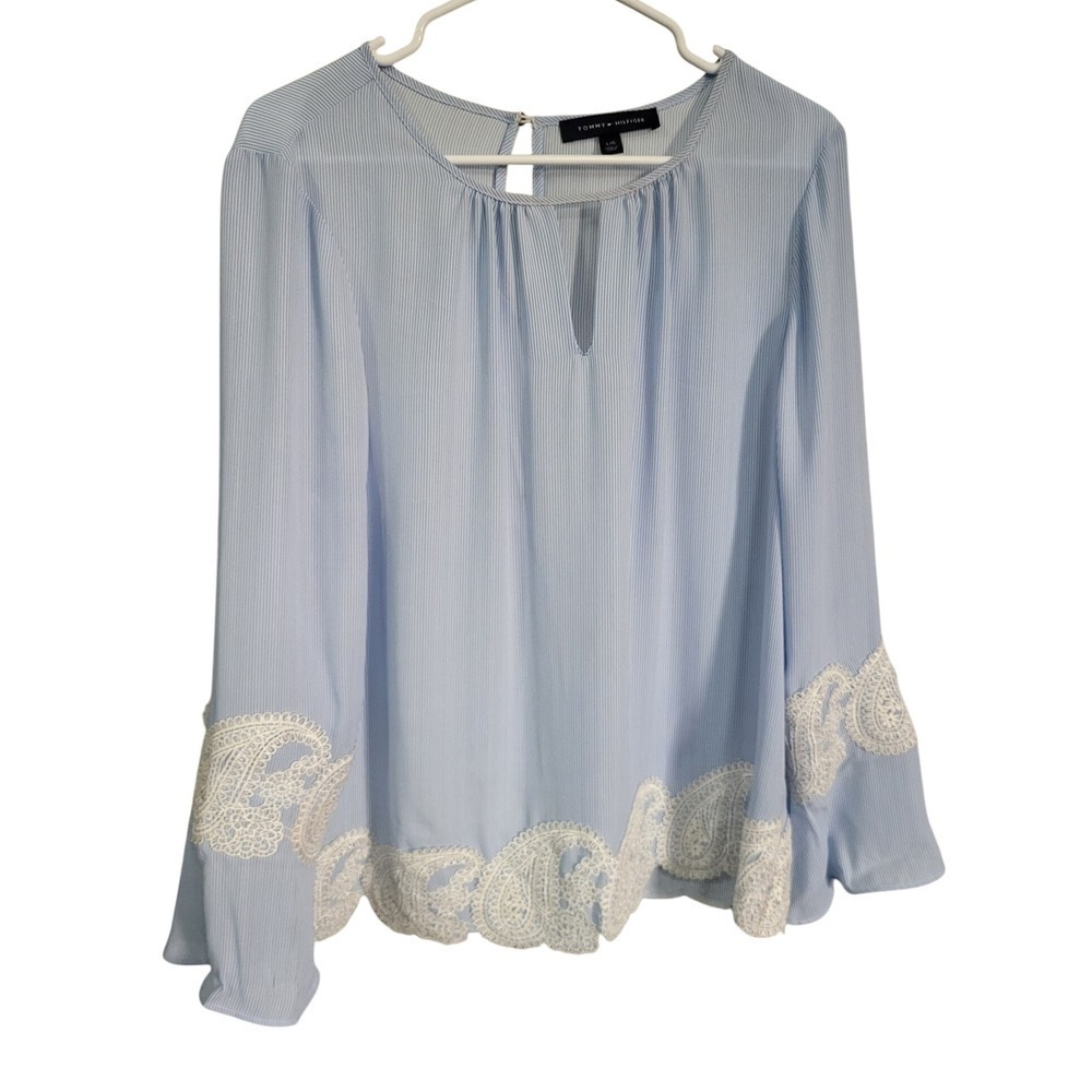Tommy Hilfiger Blouse Bell Sleeve Lace Trim Striped Top Keyhole Size S